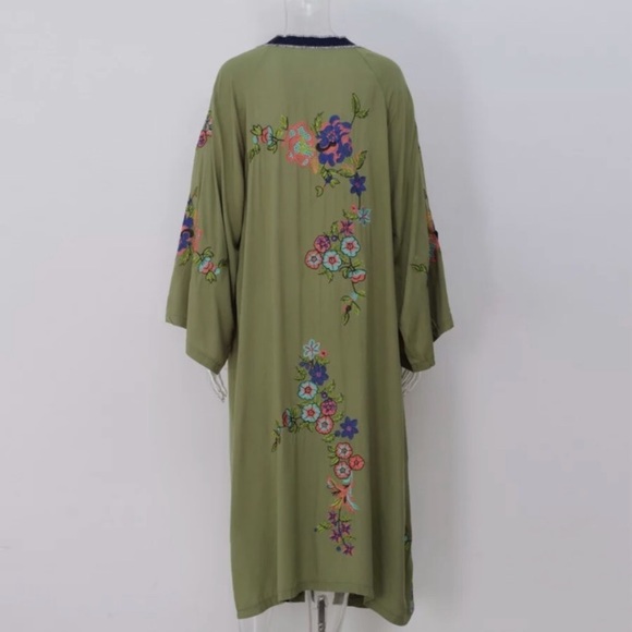 New! Olive Floral Embroidered Kimono Duster - Picture 8 of 10